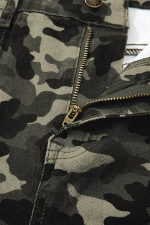 Camo print cotton jeans with a zip fly and brass button detail.