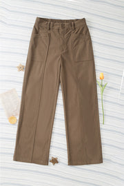Seamed front wide leg trousers in caramel with buttoned waist and patch pockets.