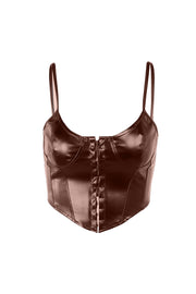Dark brown faux leather corset cami top with front hook and eye closure and adjustable straps.