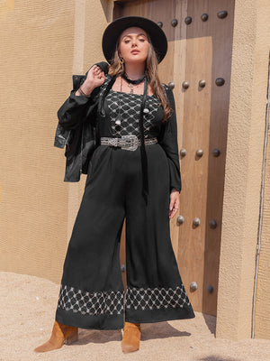 Black viscose palazzo jumpsuit with square neck and embroidered detail