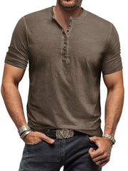 Men's taupe short sleeve henley tee with subtle washed finish and button placket.