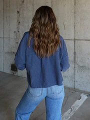 Textured boxy utility shirt jacket in Peacock Blue with subtle pinstripe detail.