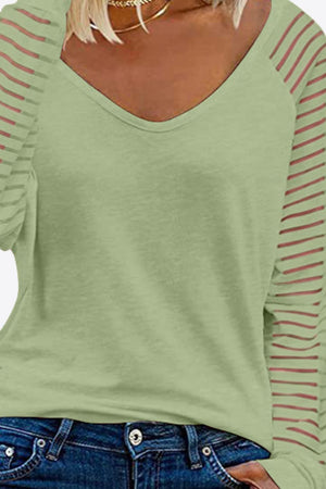 Mist green v-neck top with striped sheer sleeves