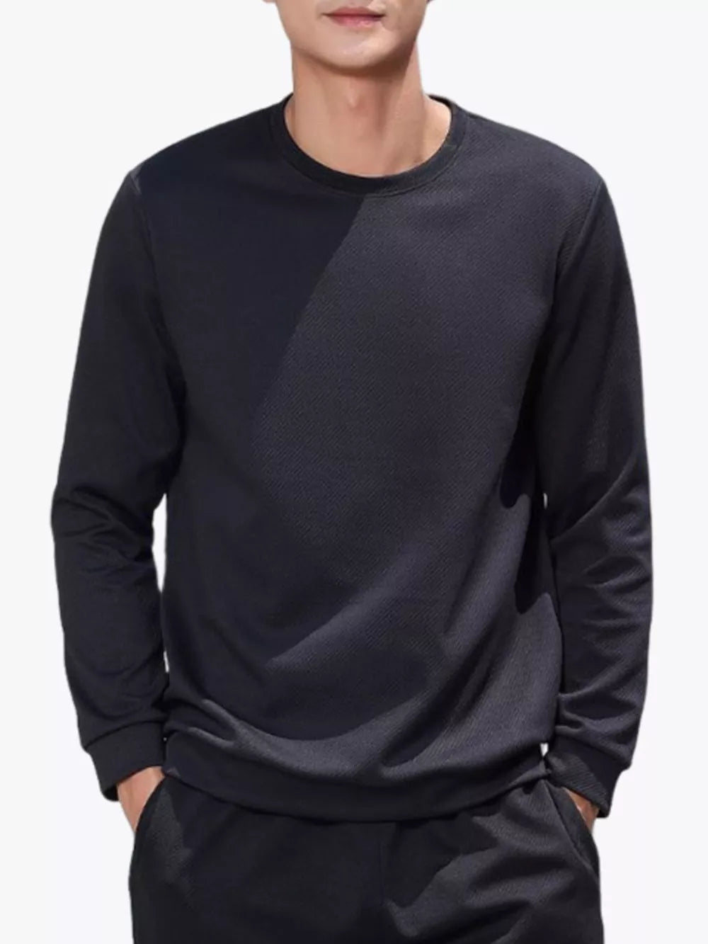 Men's dark gray crew neck long sleeve sweatshirt with subtle textured pattern
