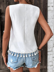White embroidered V-neck tank top with tassel trim, 100% polyester