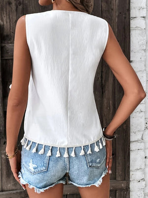 White embroidered V-neck tank top with tassel trim, 100% polyester