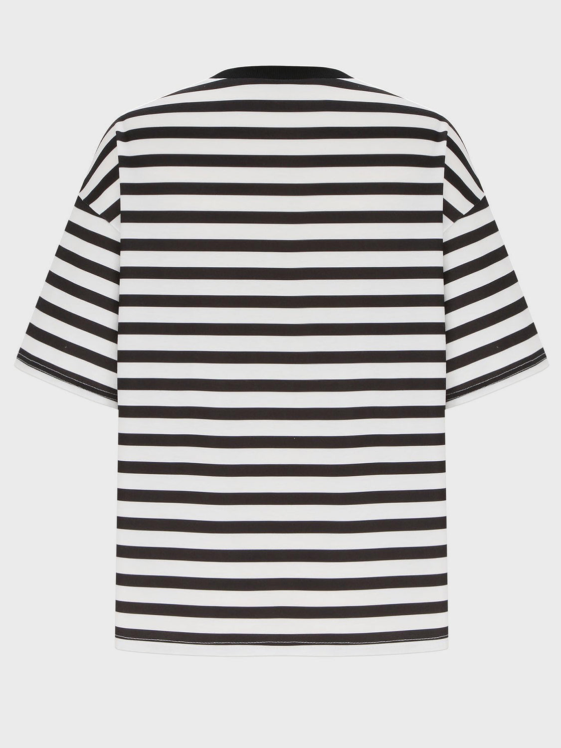 Oversized black and white striped tee with dropped sleeves and crew neck.