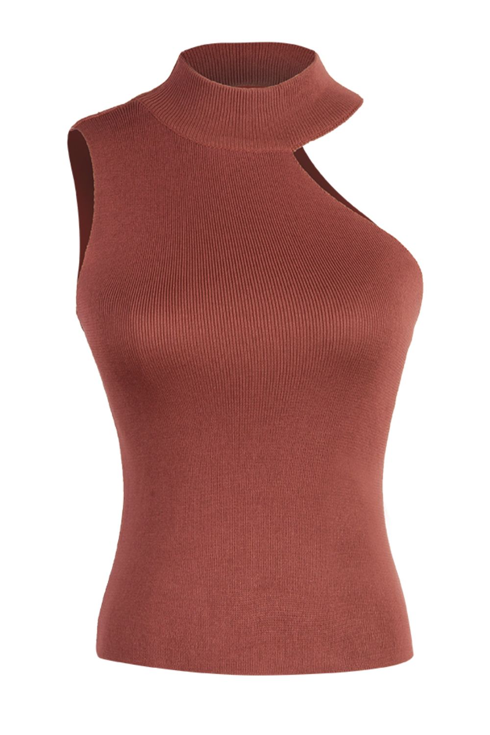 Brick red ribbed knit tank top with asymmetric cut-out neckline and mock neck.