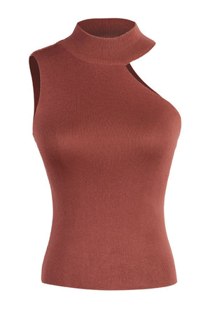 Brick red ribbed knit tank top with asymmetric cut-out neckline and mock neck.