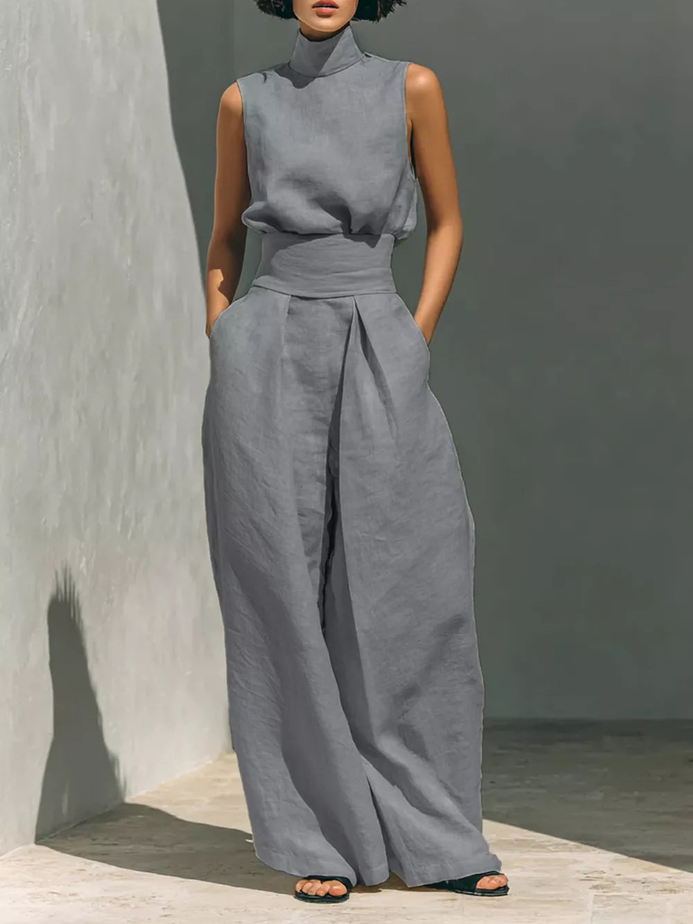 Sleeveless Wide-leg Jumpsuit With Smocked Waist in Apricot, view 14