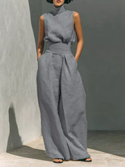 Sleeveless Wide-leg Jumpsuit With Smocked Waist in Apricot, view 14