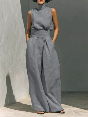 Sleeveless Wide-leg Jumpsuit With Smocked Waist in Apricot, view 14