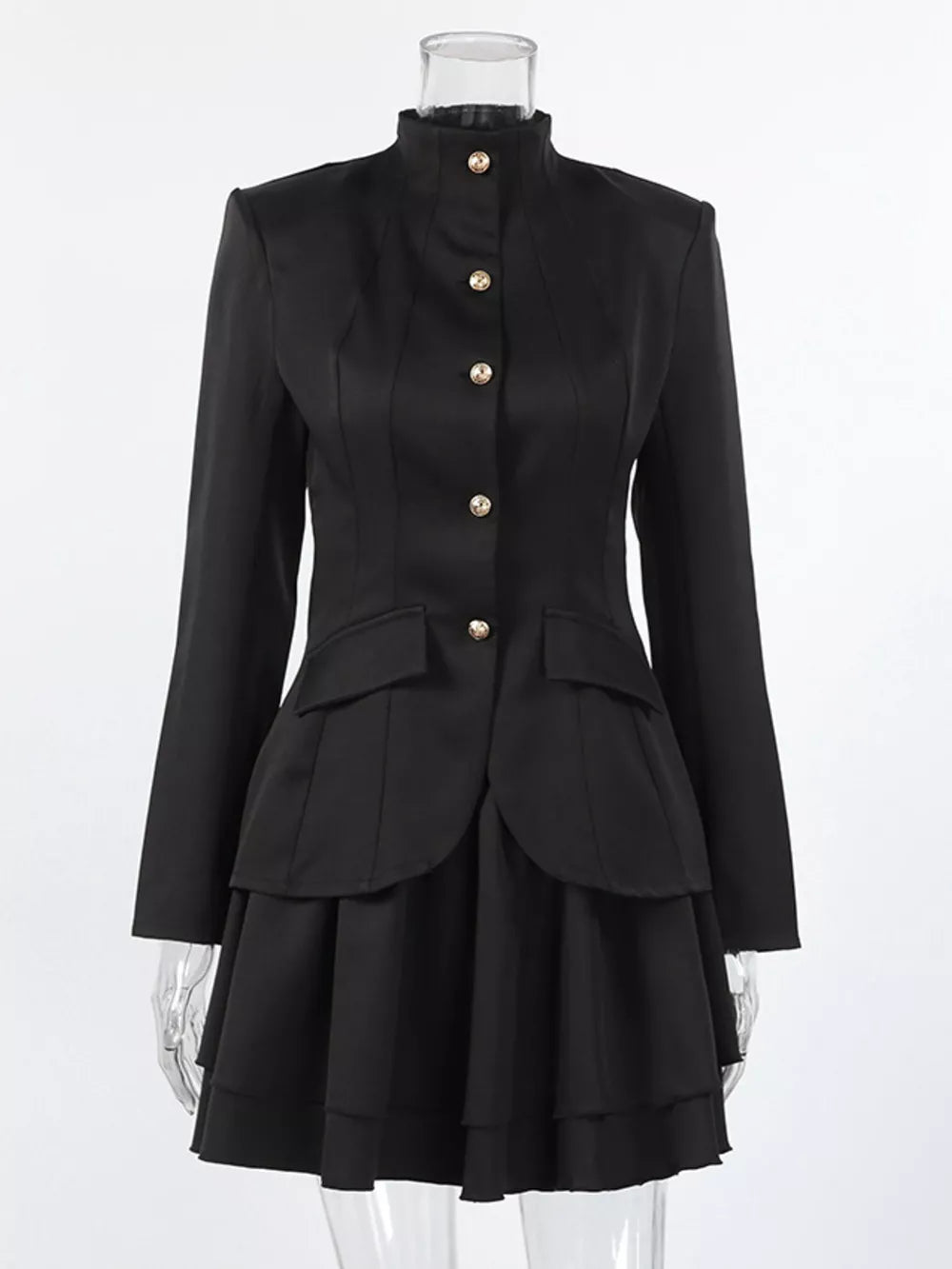 Elegant Stand Collar Blazer And Mini Skirt Set in Black, fabric detail
