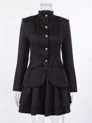 Elegant Stand Collar Blazer And Mini Skirt Set in Black, fabric detail