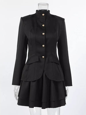 Elegant Stand Collar Blazer And Mini Skirt Set in Black, fabric detail