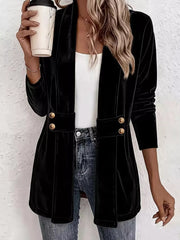 Elegant Velvet Open-front Cardigan in White, fit detail
