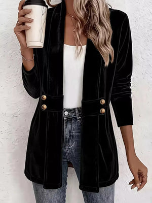 Elegant Velvet Open-front Cardigan in White, fit detail