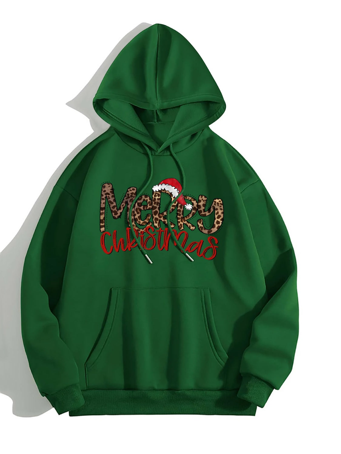 Green hoodie with leopard print Merry Christmas graphic and adjustable hood