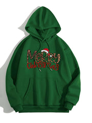 Green hoodie with leopard print Merry Christmas graphic and adjustable hood