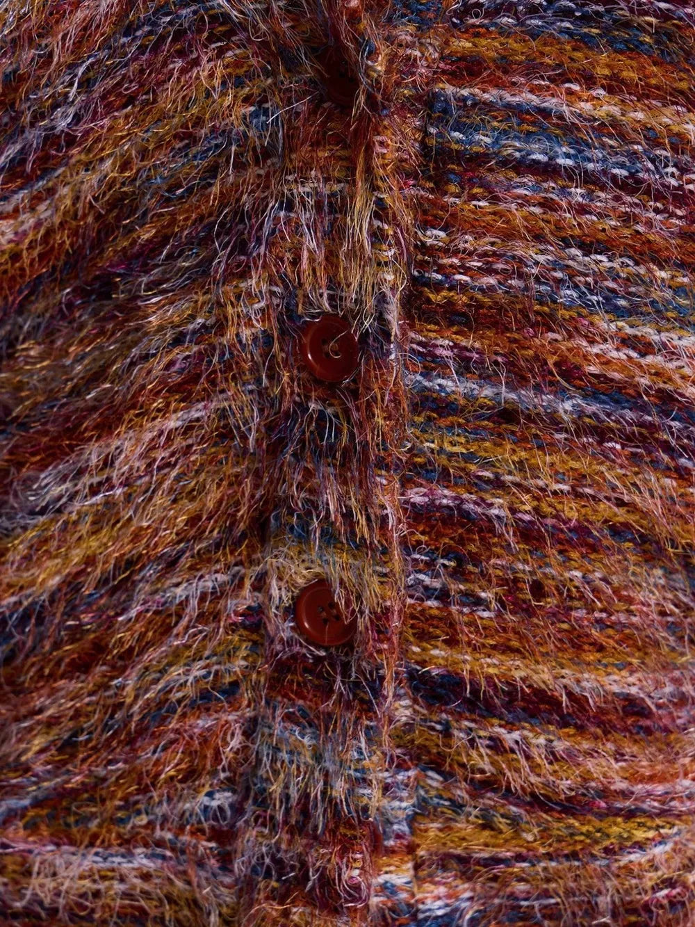 Cozy textured knit cardigan with buttons in a multicolor rust and blue blend.