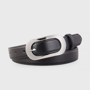 Black cowhide belt with polished oval buckle