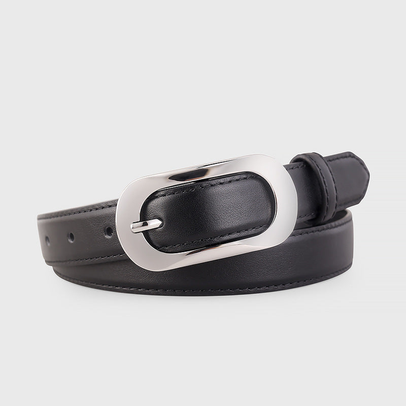 Black cowhide belt with polished oval buckle