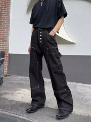 Men's dark wash 100% cotton wide leg jeans with button fly and contrast stitching.