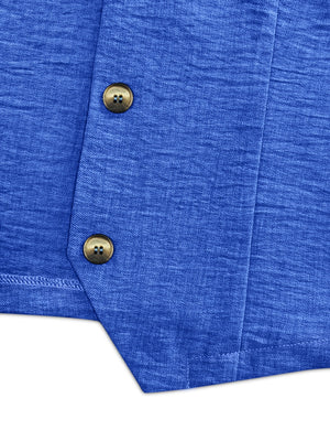 Royal blue linen vest with textured fabric and two gold button details.