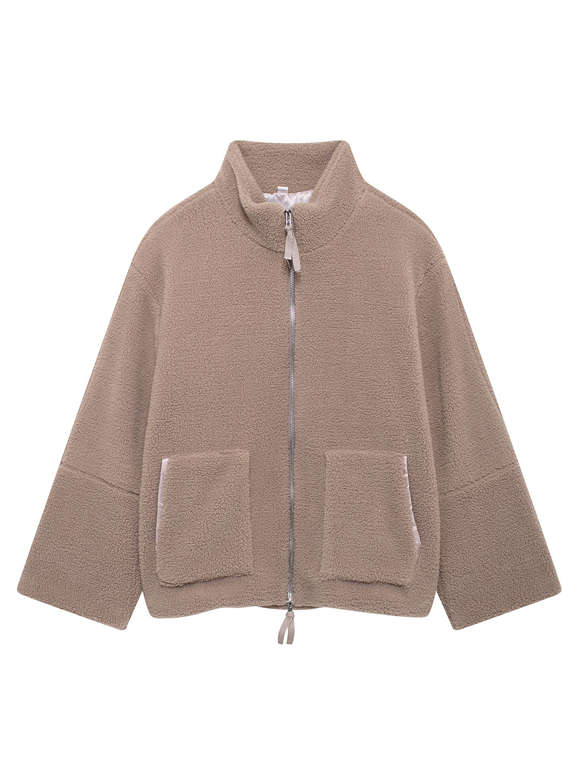 Tan sherpa jacket with stand collar, zip front, and two patch pockets.
