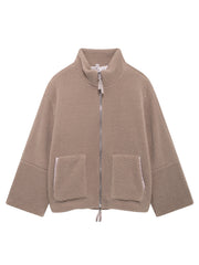 Tan sherpa jacket with stand collar, zip front, and two patch pockets.