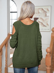 Army green cable knit sweater with cold shoulder and button detail.