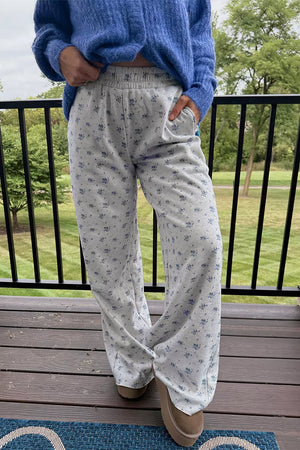 Floral Print Elastic Waist Pants in Light Gray, front view