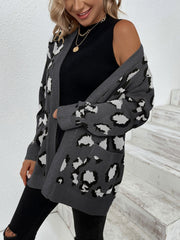 Dark Gray leopard print open-front knit cardigan with pockets.
