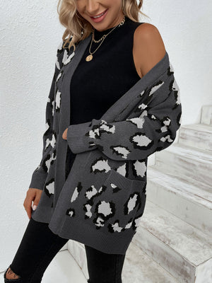 Dark Gray leopard print open-front knit cardigan with pockets.