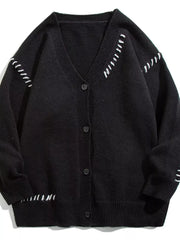Black ribbed V-neck cardigan with white contrast stitching details and buttons.