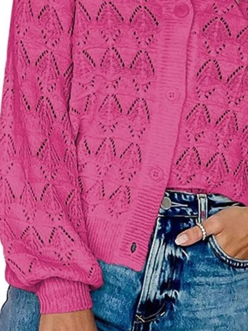 V-neck Openwork Button-down Knit Cardigan in White, view 15