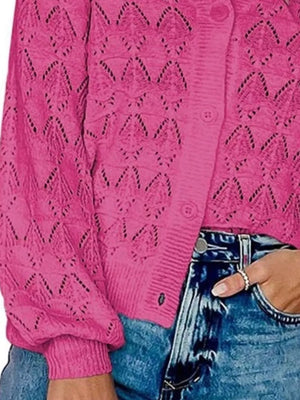 V-neck Openwork Button-down Knit Cardigan in White, view 15