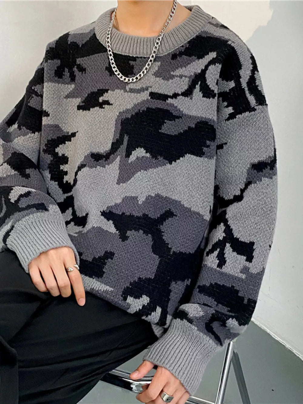 Men's Plus Size Camouflage Round Neck Sweater in Gray, model styling view
