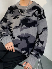 Men's Plus Size Camouflage Round Neck Sweater in Gray, model styling view