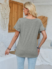 Gray t-shirt with flutter sleeves and a scoop neck, casual everyday style.