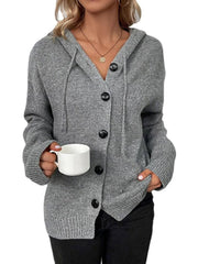 Gray ribbed knit hooded cardigan with button front and drawstring hood.