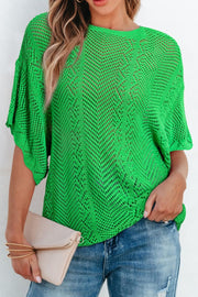 Green open-knit chevron sleeve top with a relaxed fit and crew neck.