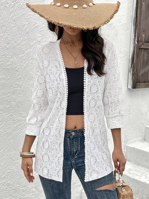White floral lace open-front duster with pom-pom trim and 3/4 sleeves.