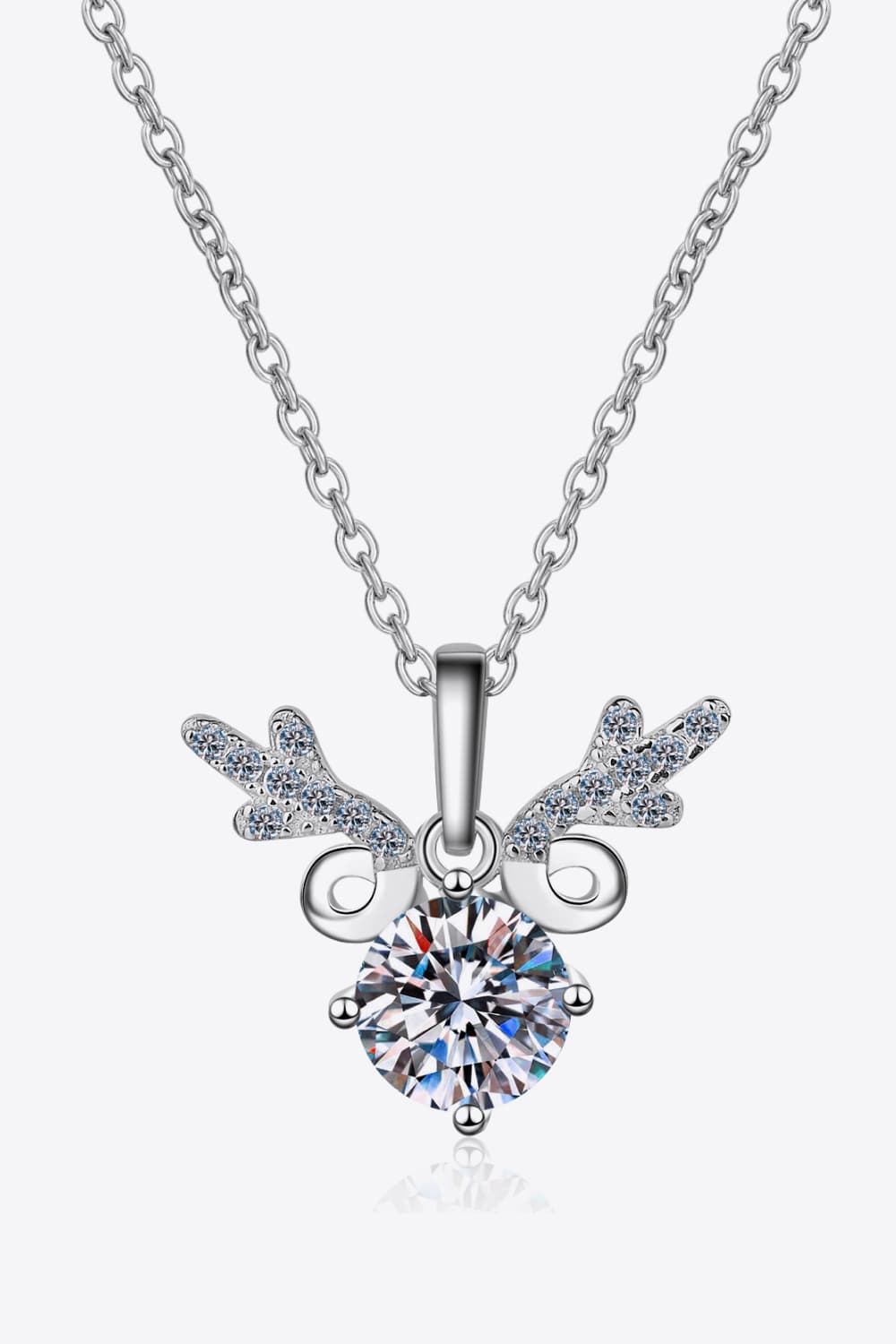 Silver reindeer pendant necklace with moissanite and 925 sterling silver chain.