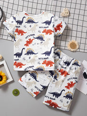 Toddler dinosaur adventure two-piece set with all-over print of red, blue, and cream dinosaurs and "Let's Roar" text.