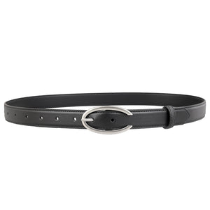 Black leather belt with a contemporary oval silver buckle and multiple holes.