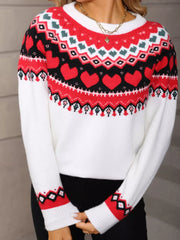 White crew neck sweater with festive heart motif pattern, acrylic knit.