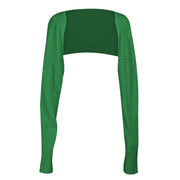 Ribbed knit shrug in Army Green with extended sleeves and a cropped fit.