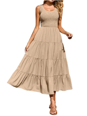 Khaki smocked bodice ruffled tiered maxi dress with scoop neck and sleeveless design.