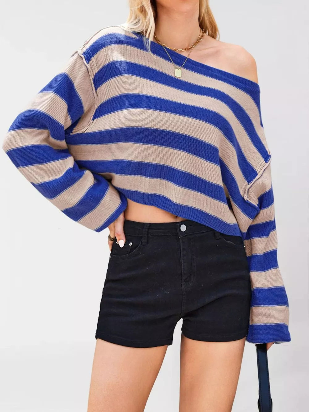 royal blue pullover sweater with striped and off-shoulder